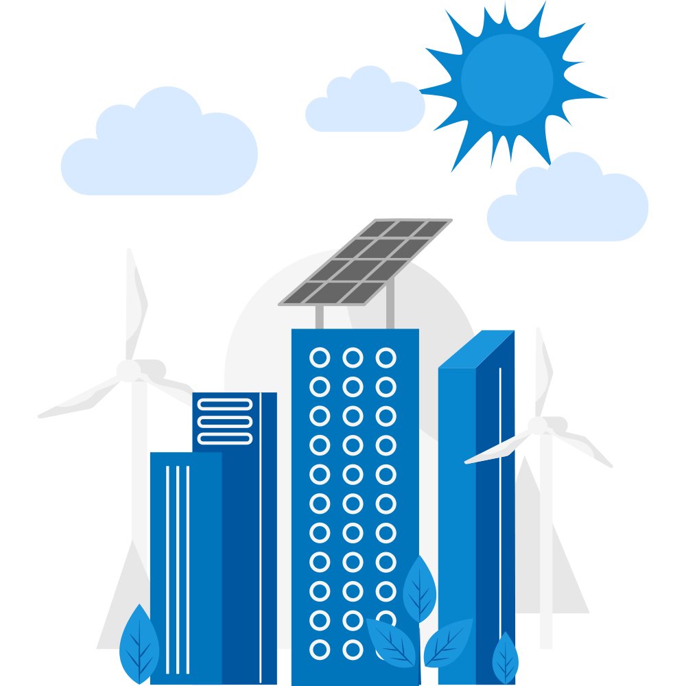 Graphic style image featuring building with solar panels on roof