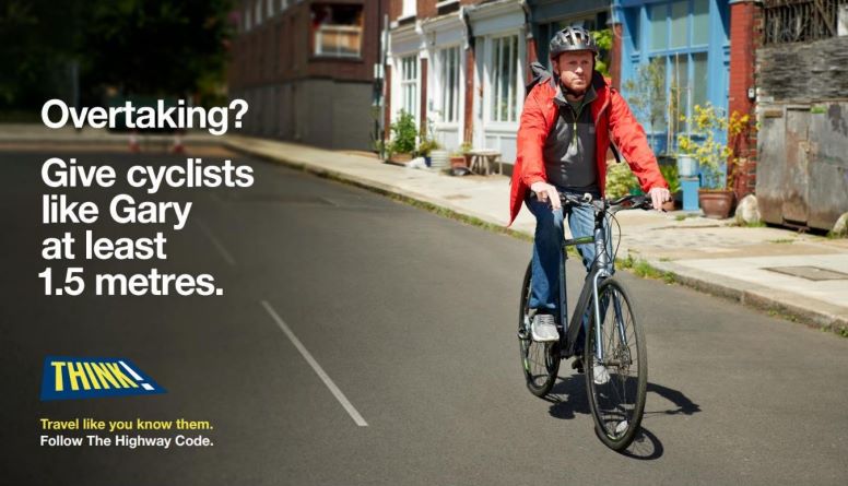 'Overtaking? Give cyclists like Gary at least 1.5 meters' text overlay on image of man riding bike on road