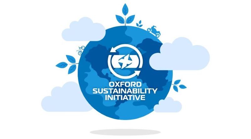 Graphic style image of sphere with clouds and green shoots around, with Oxford Sustainability Initiative text in centre