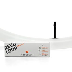 RevoLoop Race Ultra tube inflated with valve at bottom of tube. Close up image with product box in front of inflated tube