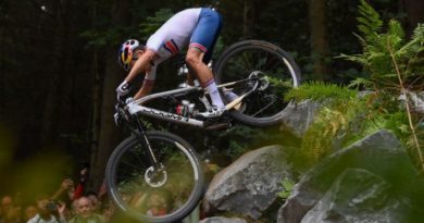 Tom Pidcock riding the rock drop at the Glentress UCI Worlds XC course