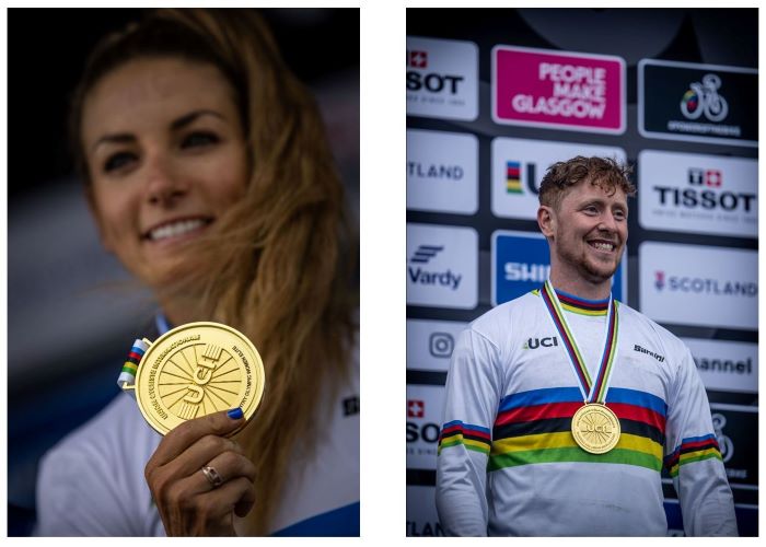 Pauline Ferrand-Prévot and Charlie Hatton on podium with Worlds winners medals and jerseys on