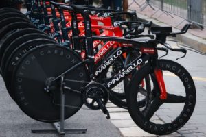 Pinarello TT bikes on stands, lined up ready for Team Ineos riders