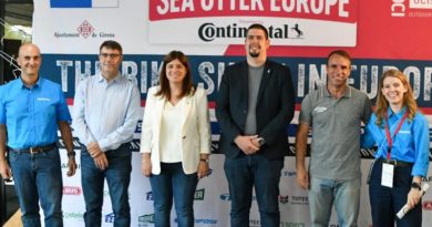 Sea Otter Europe team and participants in the Connect industry speaker events stood in front of the Sea Otter Europe banner