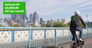 Fully Charged leasing pricing on GoCycle in top left of image, with staff member riding bike in London with the Gherkin in the background