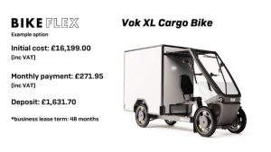 Fully Charged partner with Bike Flex to deliver 4 wheeled Vok XL eCargo bike via leasing. Bike image plus leasing details in text overlay