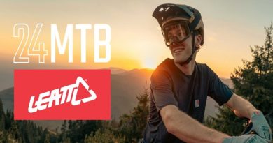 Leatt 24 MTB text over image with helmet and goggles wearing rider with sun setting mountain vista in background