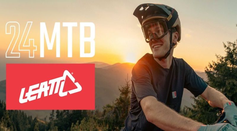 Leatt 24 MTB text over image with helmet and goggles wearing rider with sun setting mountain vista in background